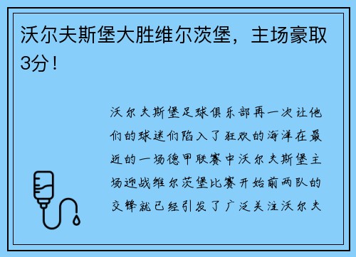 沃尔夫斯堡大胜维尔茨堡，主场豪取3分！